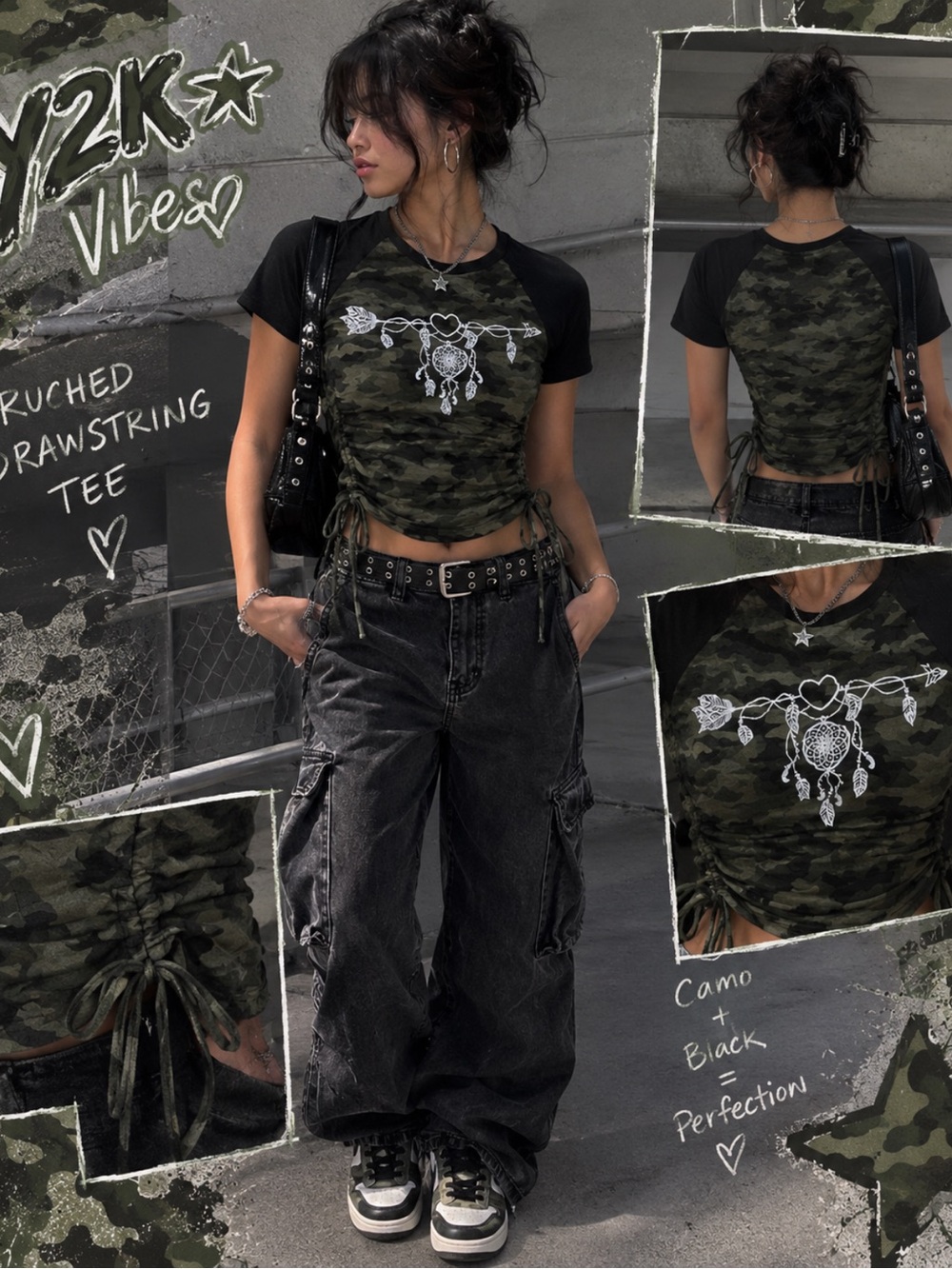 No Boundaries Y2K Black & Green Camo Ruched Drawstring Crop Tee